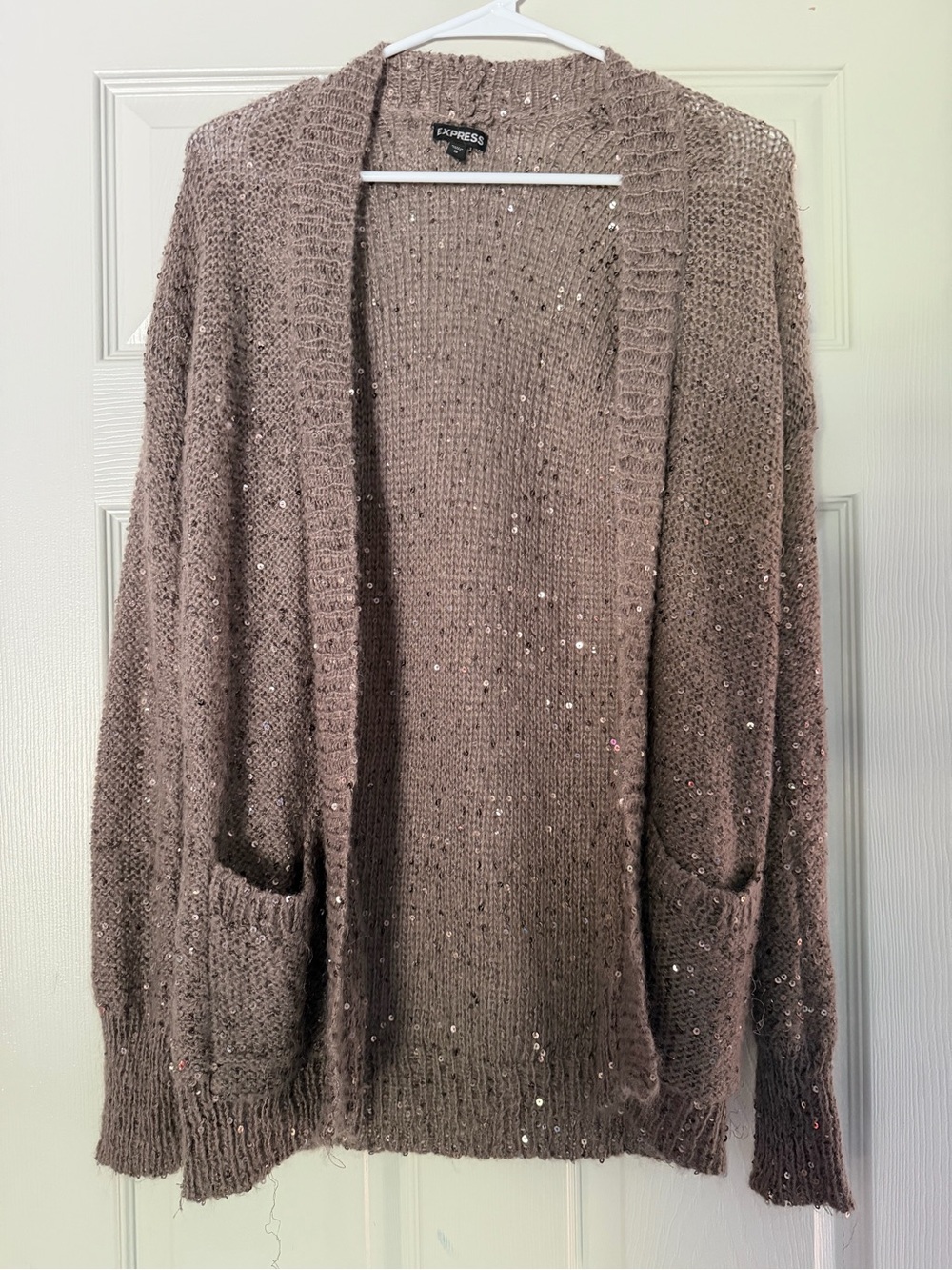 Express Taupe Sequined Open-Front Cardigan